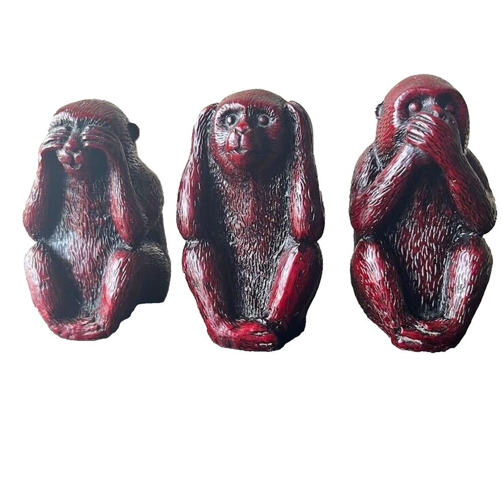 Three Wise Monkey Statues See Hear Speak No Evil set of 3 Red Resin Figures
